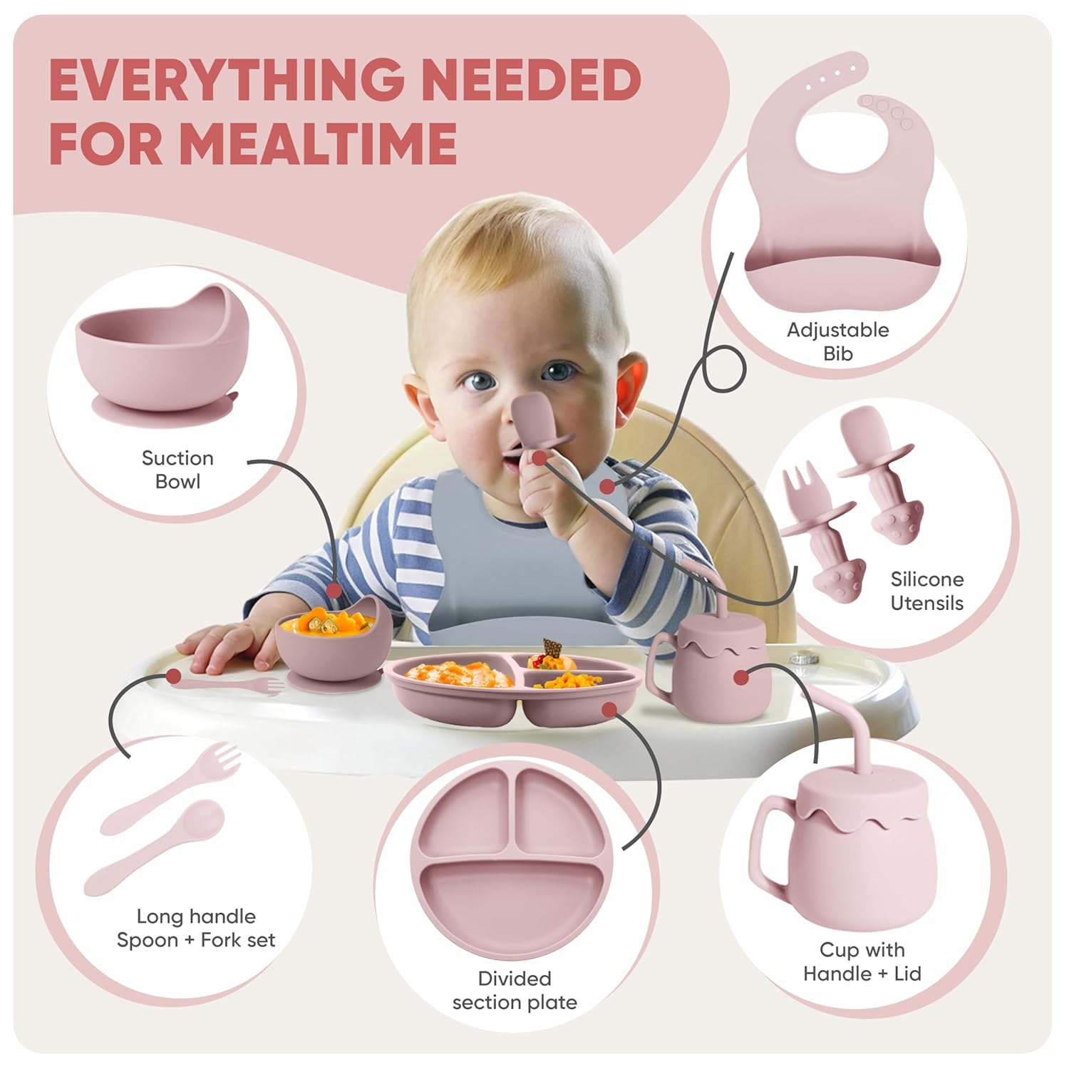 Baby with mealtime utensils and accessories including a suction bowl, bib, silicone utensils, cup, and divided plate.
