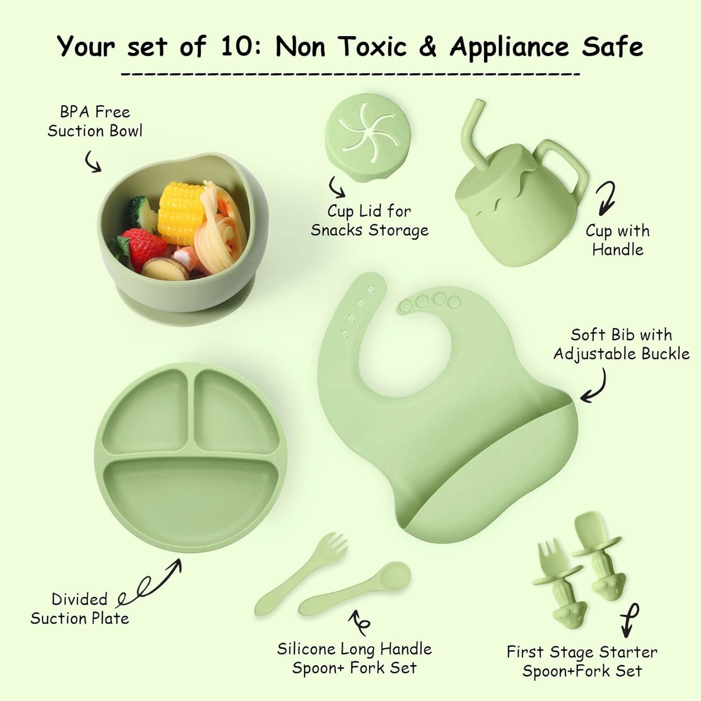 Nebulaxa™ 10 Piece Silicone Feeding Set GREEN
