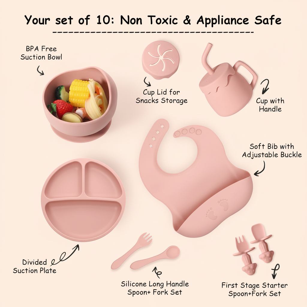 Nebulaxa™ 10 Piece Silicone Feeding Set PINK