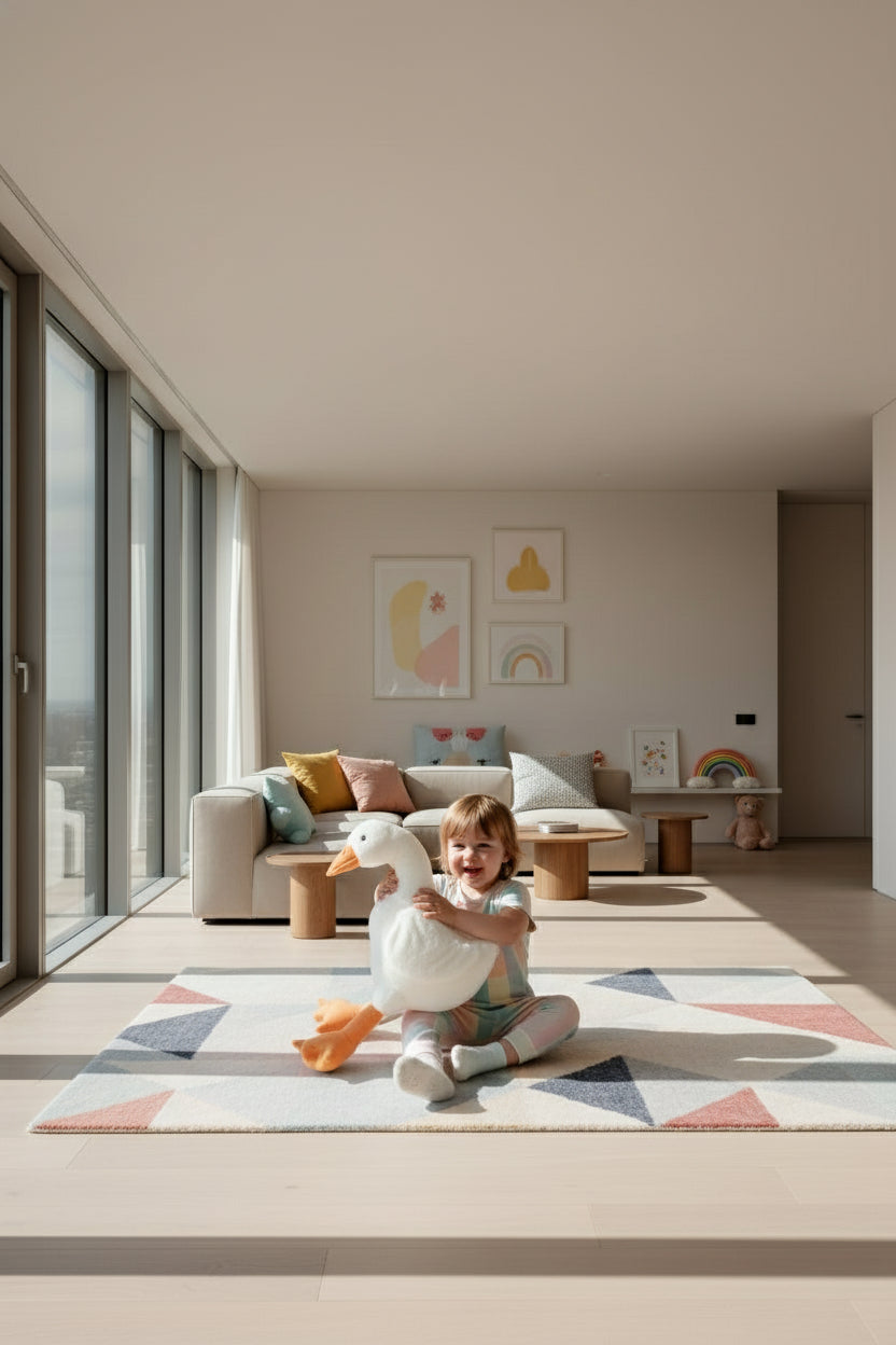 Person holding a large plush goose toy with text on a yellow background