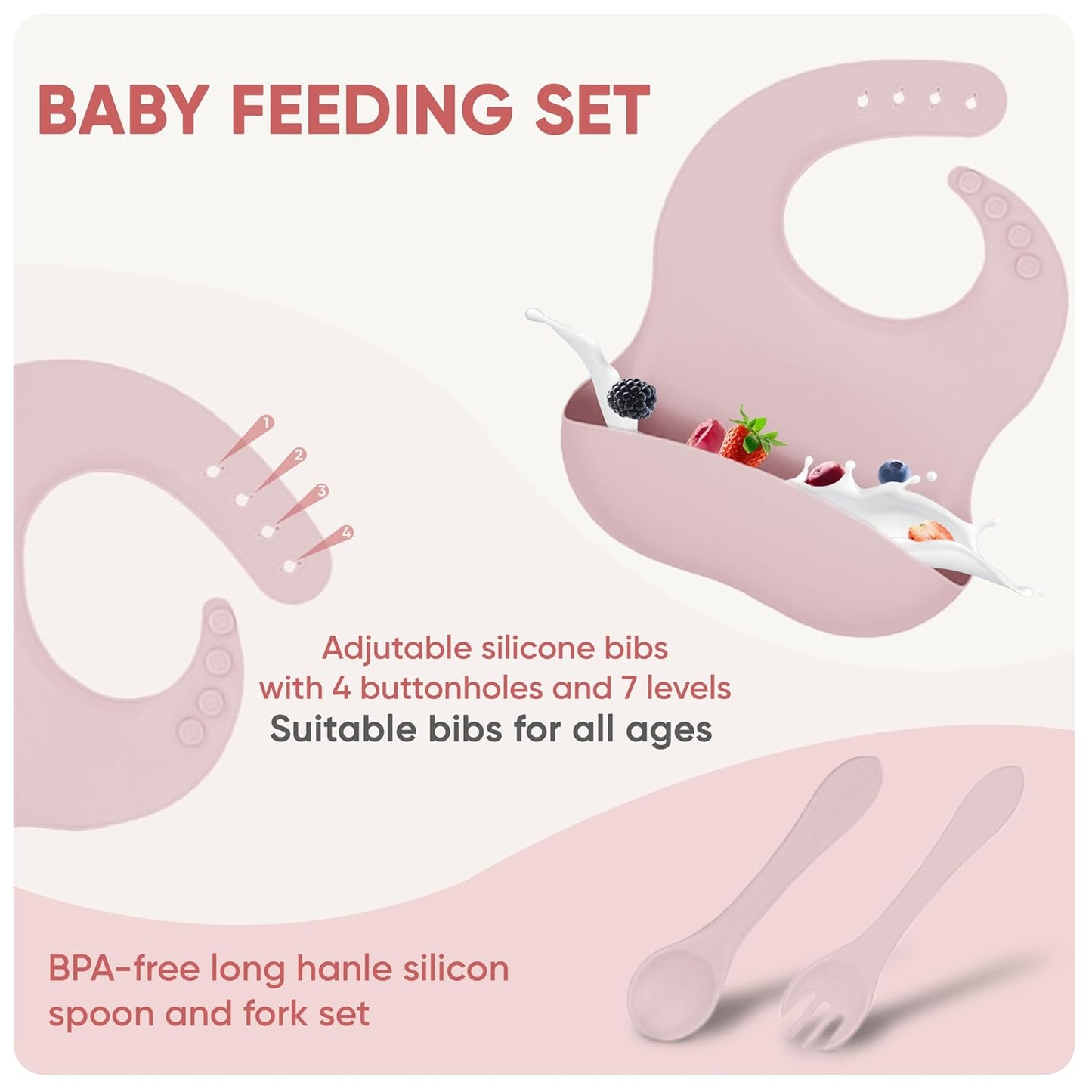 Baby feeding set with bib, spoon, and fork on a pink background
