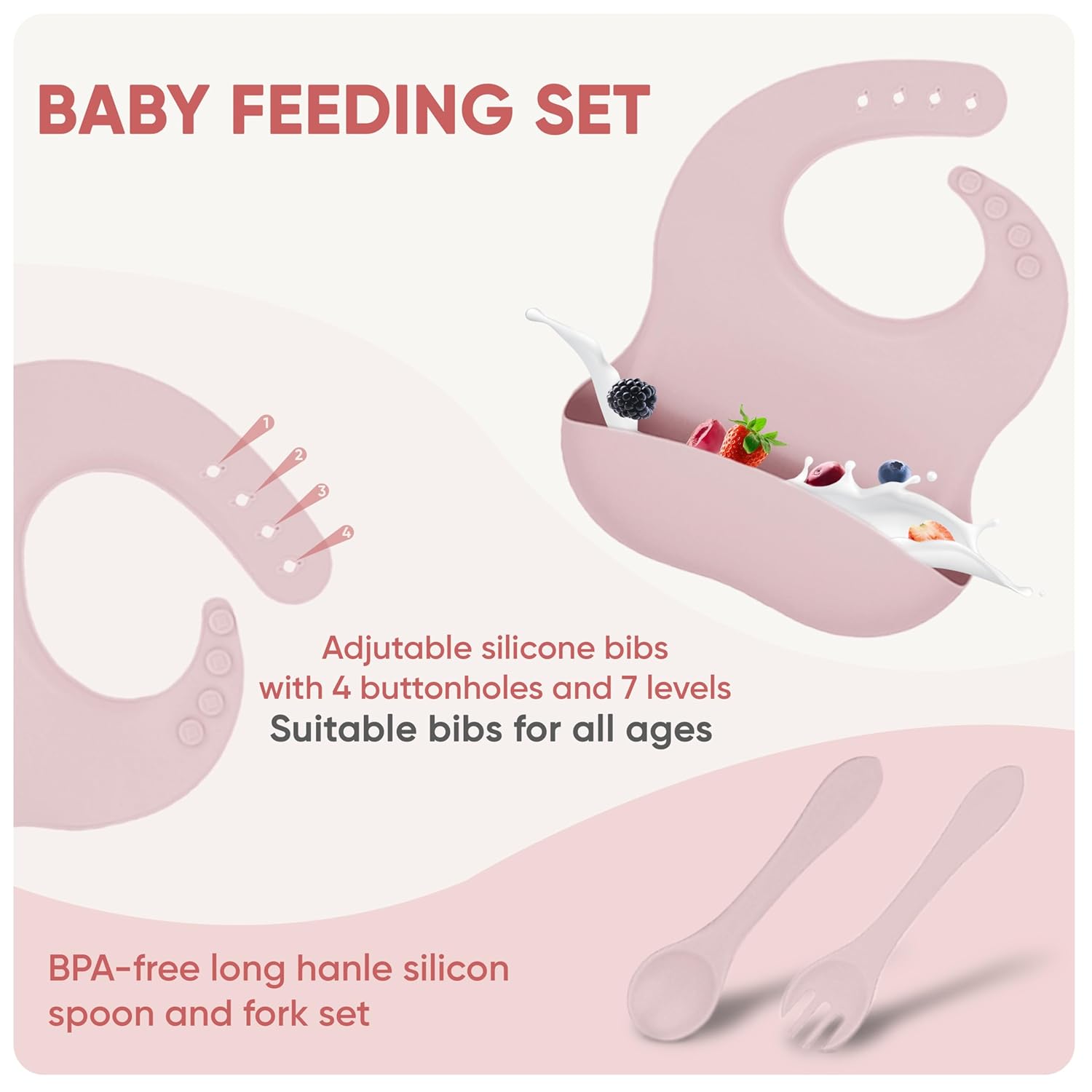 Baby feeding set with bib, spoon, and fork on a pink background